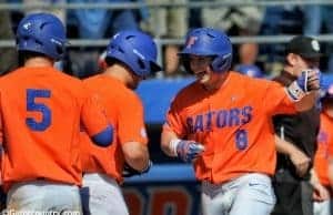 University of Florida infielder Deacon Liput celebrates after a three-run home run against William & Mary- Florida Gators baseball 1280x850