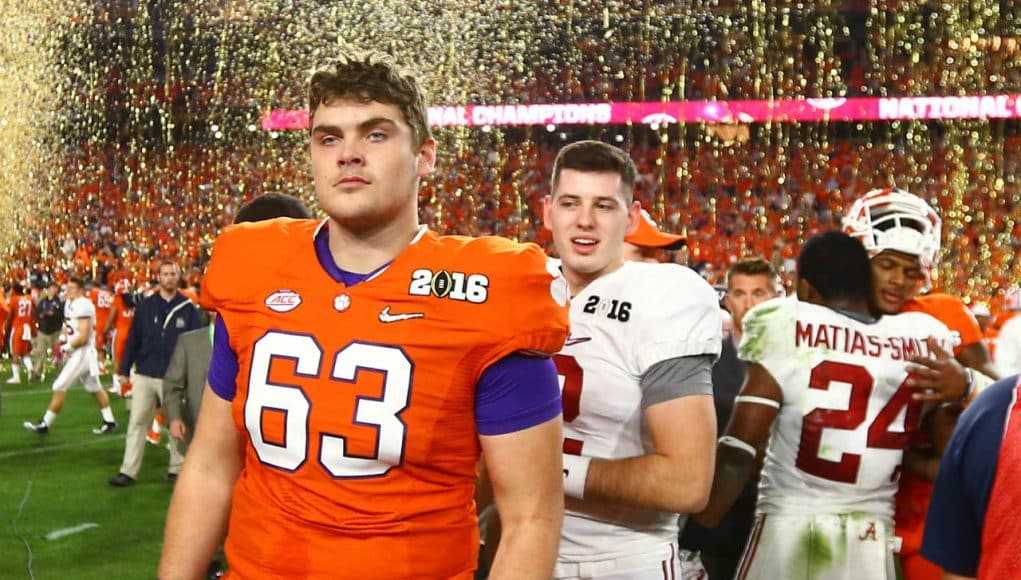 Jan 11, 2016; Glendale, AZ, USA; Clemson Tigers offensive lineman Jake Fruhmorgen (63) reacts after losing the game against the Alabama Crimson Tide in the 2016 CFP National Championship at University of Phoenix Stadium. Mandatory Credit: Mark J. Rebilas-USA TODAY Sports