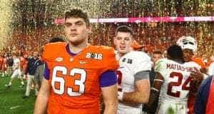 Jan 11, 2016; Glendale, AZ, USA; Clemson Tigers offensive lineman Jake Fruhmorgen (63) reacts after losing the game against the Alabama Crimson Tide in the 2016 CFP National Championship at University of Phoenix Stadium. Mandatory Credit: Mark J. Rebilas-USA TODAY Sports
