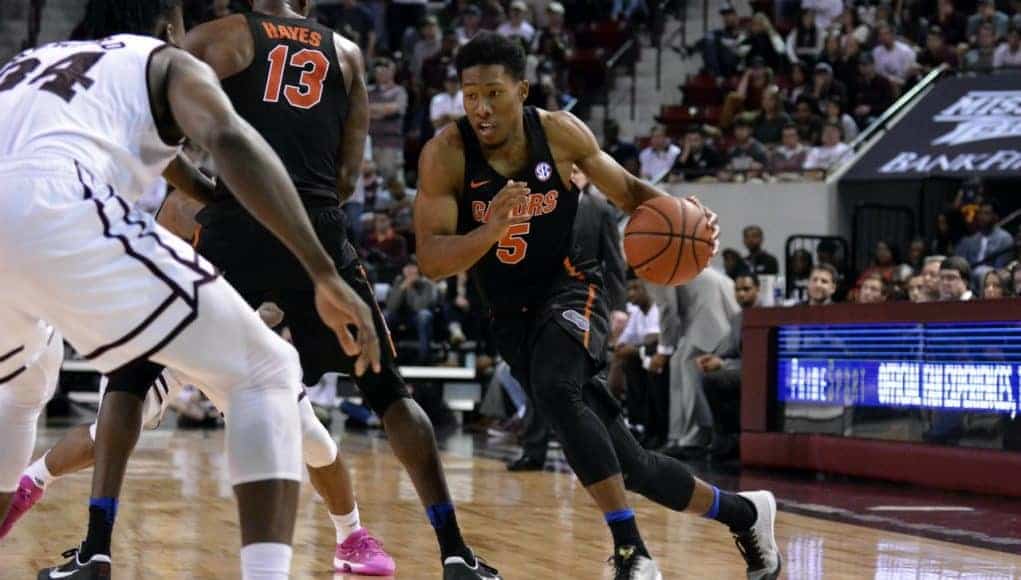 Feb 18, 2017; Starkville, MS, USA; Florida Gators guard KeVaughn Allen (5) handles the ball during the second half of the game against the Mississippi State Bulldogs at Humphrey Coliseum. Florida won 57-52. Mandatory Credit: Matt Bush-USA TODAY Sports