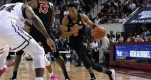 Feb 18, 2017; Starkville, MS, USA; Florida Gators guard KeVaughn Allen (5) handles the ball during the second half of the game against the Mississippi State Bulldogs at Humphrey Coliseum. Florida won 57-52. Mandatory Credit: Matt Bush-USA TODAY Sports