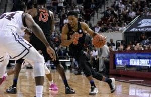 Feb 18, 2017; Starkville, MS, USA; Florida Gators guard KeVaughn Allen (5) handles the ball during the second half of the game against the Mississippi State Bulldogs at Humphrey Coliseum. Florida won 57-52. Mandatory Credit: Matt Bush-USA TODAY Sports