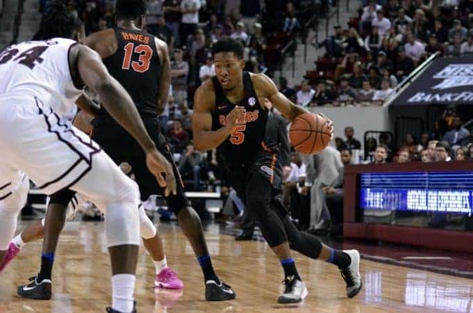 Feb 18, 2017; Starkville, MS, USA; Florida Gators guard KeVaughn Allen (5) handles the ball during the second half of the game against the Mississippi State Bulldogs at Humphrey Coliseum. Florida won 57-52. Mandatory Credit: Matt Bush-USA TODAY Sports