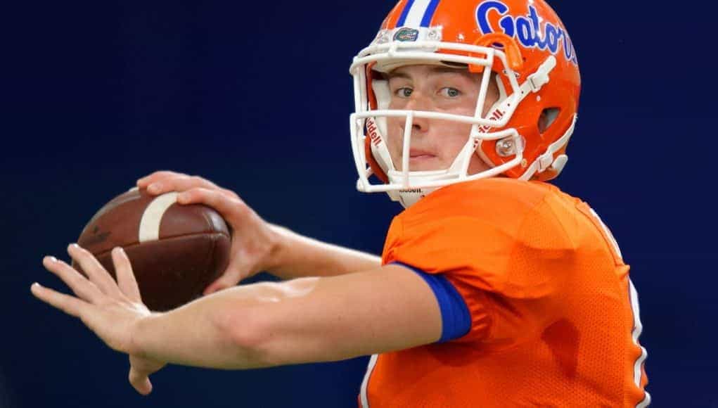 University of Florida freshman quarterback Kyle Trask throws a pass during spring football camp- Florida Gators football- 1280x852