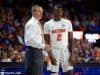 University of Florida men’s basketball coach Mike White talks to guard Eric Hester during a blowout win over the Kentucky Wildcats- Florida Gators basketball- 1280x852