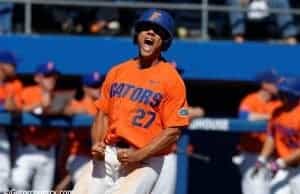 University of Florida outfielder Nelson Maldonado celebrates after scoring to give the Gators a 2-1 lead over Miami- Florida Gators baseball- 1280x852