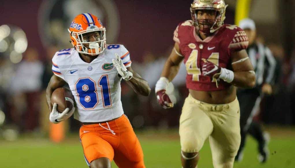 University of Florida receiver Antonio Callaway catches a pass against the FSU Seminoles in 2016- Florida Gators football- 1280x852