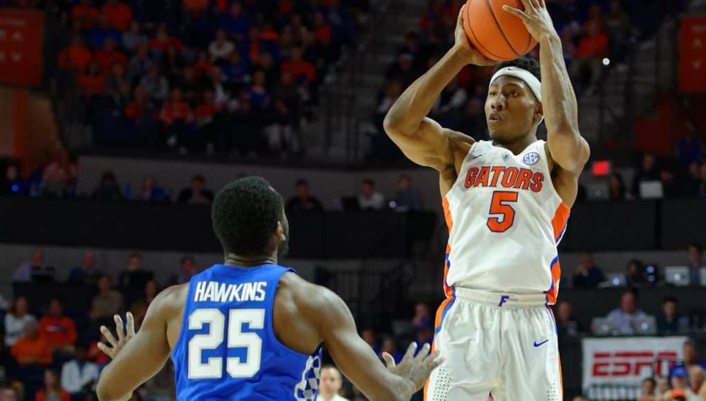 University of Florida sophomore guard KeVaughn Allen shoots a three against Kentucky- Florida Gators basketball- 1280x852