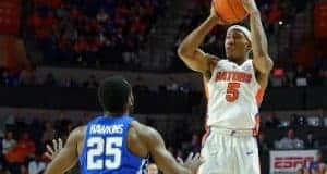 University of Florida sophomore guard KeVaughn Allen shoots a three against Kentucky- Florida Gators basketball- 1280x852