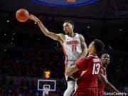 Florida Gators basketball point guard Chris Chiozza passes against Arkansas- 1280x853