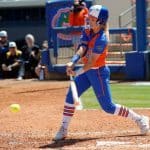 Florida Gators softball infielder Nicole DeWitt hits in 2017- 1280x853