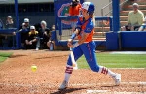 Florida Gators softball infielder Nicole DeWitt hits in 2017- 1280x853