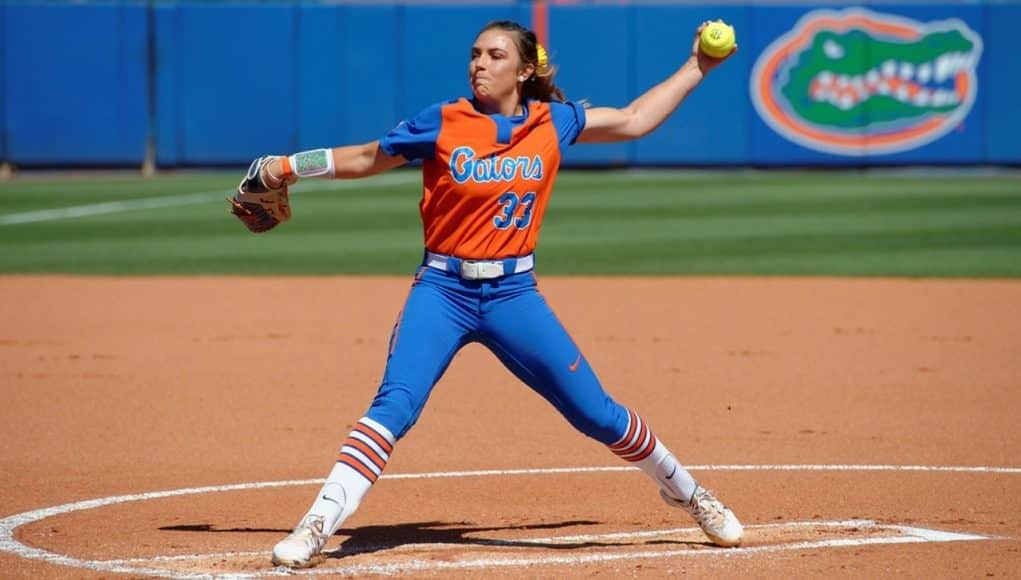 Florida Gators softball pitcher Delanie Gourley pitches in 2017- 1280x853