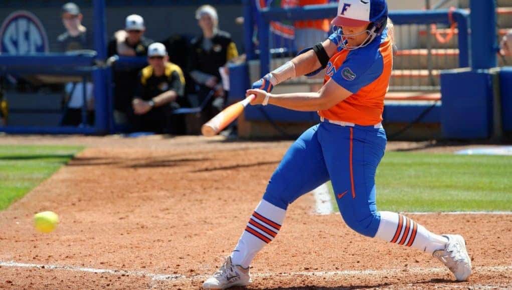 Florida Gators softball player Amanda Lorenz hits against Missouri- 1280x853