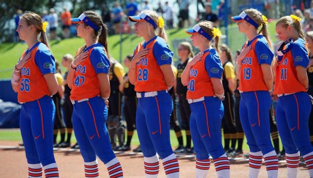 Florida Gators softball players before the Missouri game in 2017- 1280x853