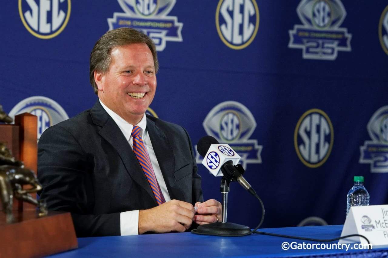Jim McElwain talks to the media before the SEC Championship game against Alabama in 2016- Florida Gators football- 1280x853