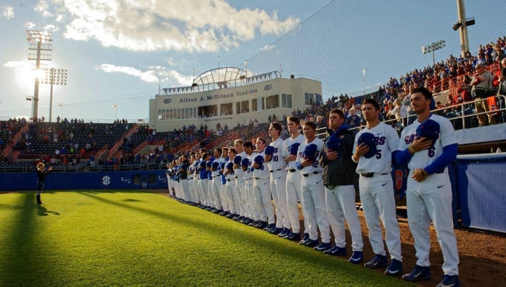 The University of Florida Gators baseball team stand for the National Anthem before playing Florida State- Florida Gators baseball- 1280x852