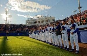 The University of Florida Gators baseball team stand for the National Anthem before playing Florida State- Florida Gators baseball- 1280x852