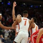 Mar 24, 2017; New York, NY, USA; Florida Gators guard Chris Chiozza (11) celebrates making the game winning shot against the Wisconsin Badgers in the semifinals of the East Regional of the 2017 NCAA Tournament at Madison Square Garden. Mandatory Credit: Brad Penner-USA TODAY Sports