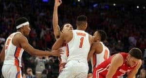 Mar 24, 2017; New York, NY, USA; Florida Gators guard Chris Chiozza (11) celebrates making the game winning shot against the Wisconsin Badgers in the semifinals of the East Regional of the 2017 NCAA Tournament at Madison Square Garden. Mandatory Credit: Brad Penner-USA TODAY Sports