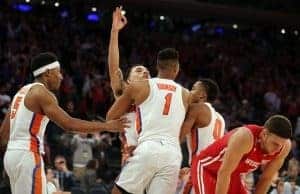 Mar 24, 2017; New York, NY, USA; Florida Gators guard Chris Chiozza (11) celebrates making the game winning shot against the Wisconsin Badgers in the semifinals of the East Regional of the 2017 NCAA Tournament at Madison Square Garden. Mandatory Credit: Brad Penner-USA TODAY Sports