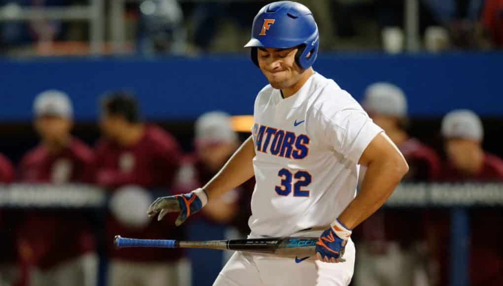 University of Florida Gators outfielder Keenan Bell reacts to striking out as the Gators host and defeat the FSU Seminoles- Florida Gators baseball- 1280x852