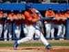 University of Florida catcher JJ Schwarz makes contact with a pitch in a Sunday afternoon win over the Miami Hurricanes- Florida Gators baseball- 1280x852