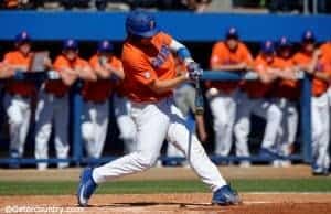 University of Florida catcher JJ Schwarz makes contact with a pitch in a Sunday afternoon win over the Miami Hurricanes- Florida Gators baseball- 1280x852