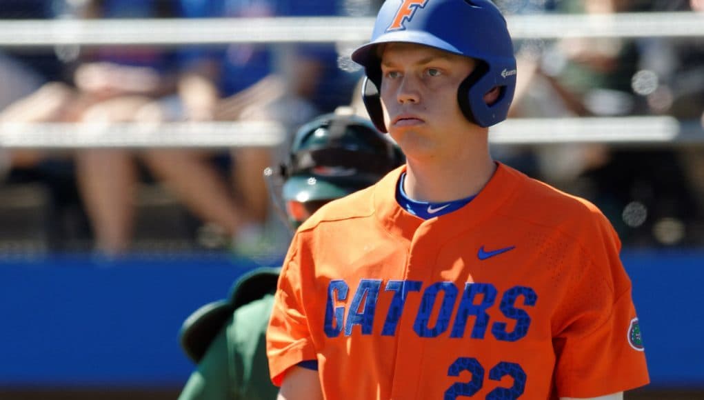 University of Florida catcher JJ Schwarz reacts to striking out against Miami- Florida Gators baseball- 1280x993