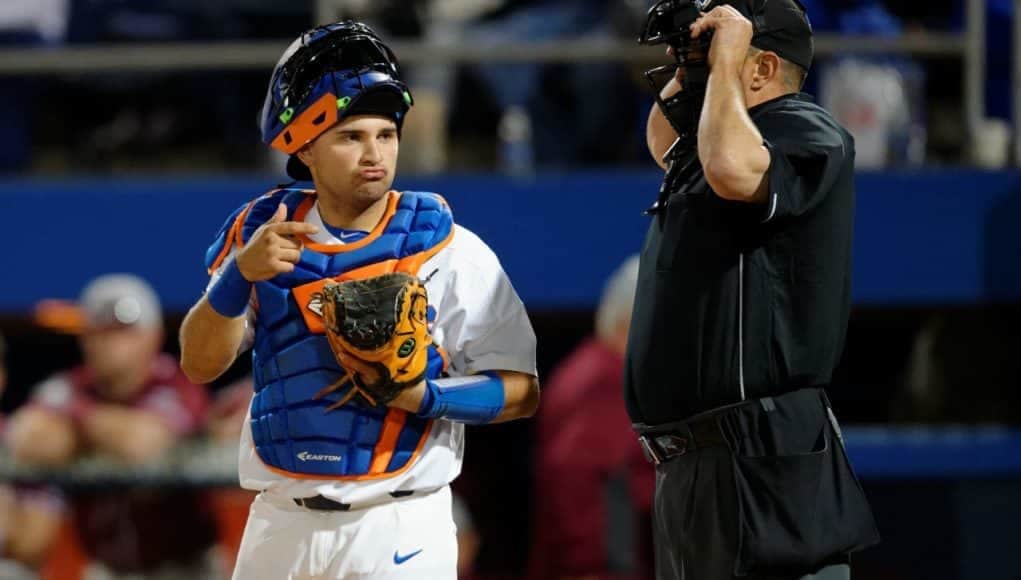 University of Florida catcher Mike Rivera looks to the dugout during the Florida Gators win over FSU- Florida Gators baseball- 1280x852