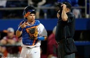 University of Florida catcher Mike Rivera looks to the dugout during the Florida Gators win over FSU- Florida Gators baseball- 1280x852