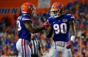 University of Florida defensive end Antonneous Clayton celebrates with defensive back Chauncey Gardner in a win over Missouri- Florida Gators football- 1280x855