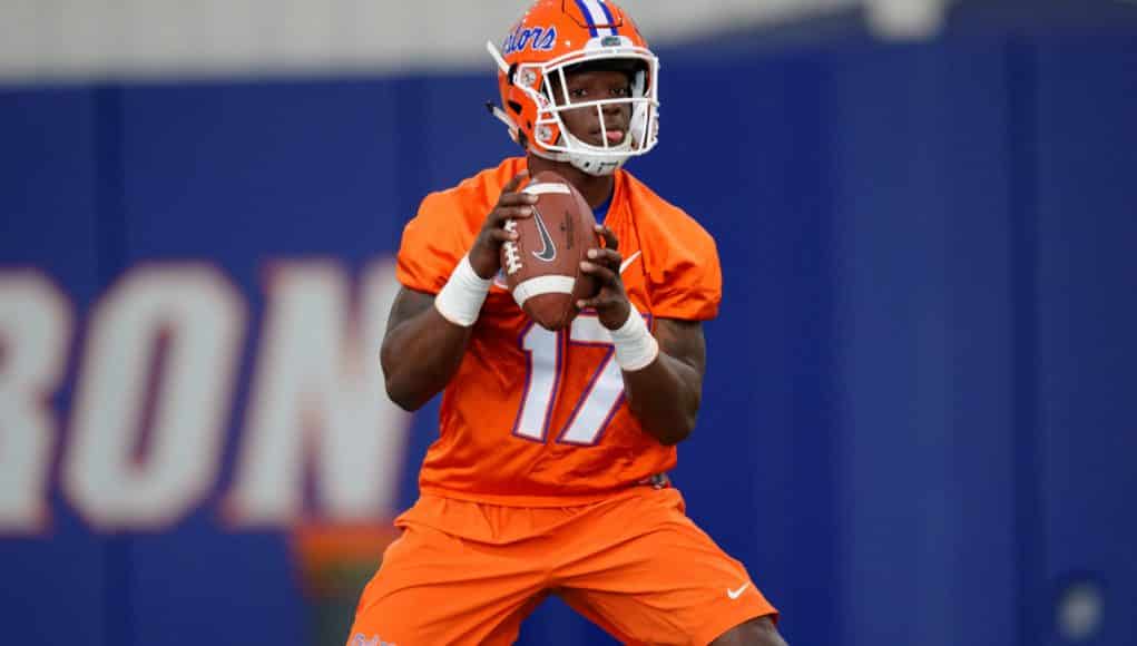 University of Florida freshman quarterback Kadarius Toney throws a pass during the Gators third spring practice- Florida Gators football- 1280x852