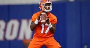 University of Florida freshman quarterback Kadarius Toney throws a pass during the Gators third spring practice- Florida Gators football- 1280x852