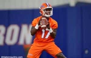 University of Florida freshman quarterback Kadarius Toney throws a pass during the Gators third spring practice- Florida Gators football- 1280x852