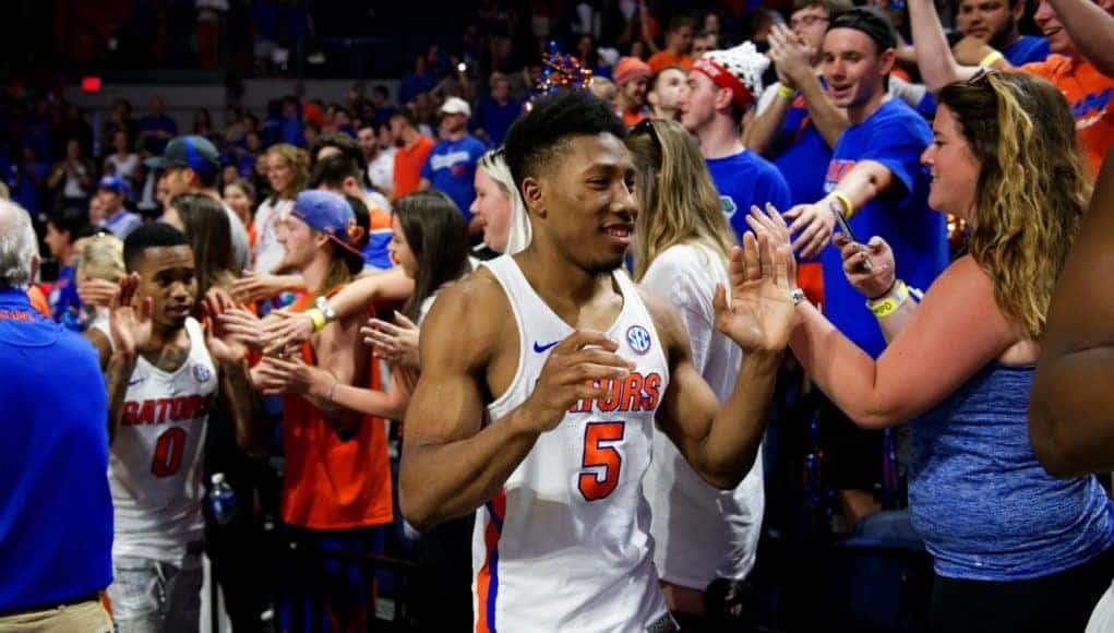 University of Florida guard KeVaughn Allen greets fans after the Gators win over the Arkansas Razorbacks- Florida Gators basketball- 1280x854