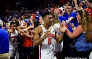 University of Florida guard KeVaughn Allen greets fans after the Gators win over the Arkansas Razorbacks- Florida Gators basketball- 1280x854