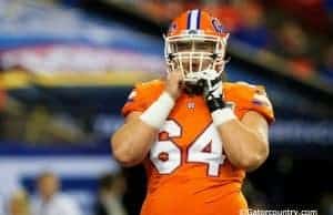 University of Florida offensive lineman Tyler Jordan fixes his helmet during the 2016 SEC Championship game- Florida Gators football- 1280x852