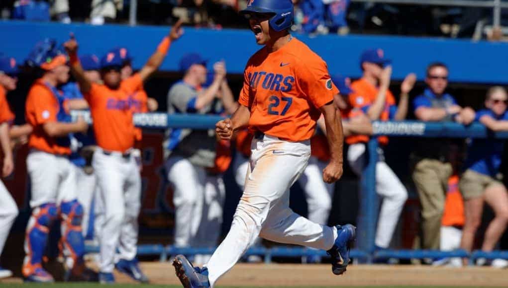 University of Florida outfielder Nelson Maldonado scores during a Sunday win over the Miami Hurricanes- Florida Gators baseball- 1280x852