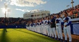 University of Florida players line up before a baseball game against the Florida State Seminoles at McKethan stadium- Florida Gators baseball- 1280x852