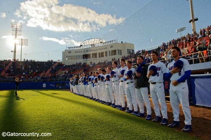 University of Florida players line up before a baseball game against the Florida State Seminoles at McKethan stadium- Florida Gators baseball- 1280x852