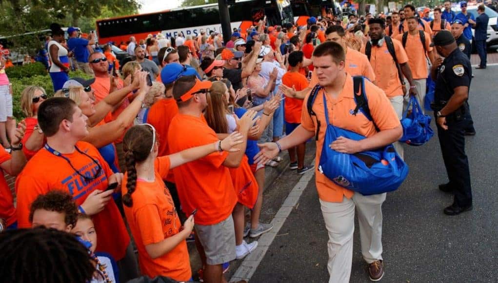 Florida Gators offensive lineman Brett Heggie during Gator Walk in 2016- 1280x853