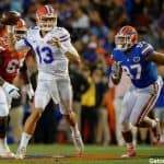 Florida Gators quarterback Feleipe Franks throws in the Orange and Blue game in 2017- 1280x853