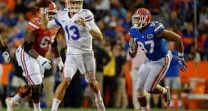 Florida Gators quarterback Feleipe Franks throws in the Orange and Blue game in 2017- 1280x853