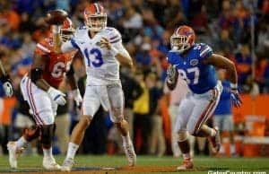 Florida Gators quarterback Feleipe Franks throws in the Orange and Blue game in 2017- 1280x853