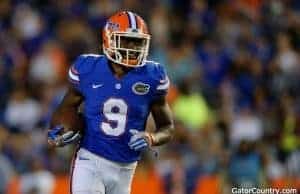 Florida Gators receiver Dre Massey runs in the Orange and Blue game in 2017- 1280x853