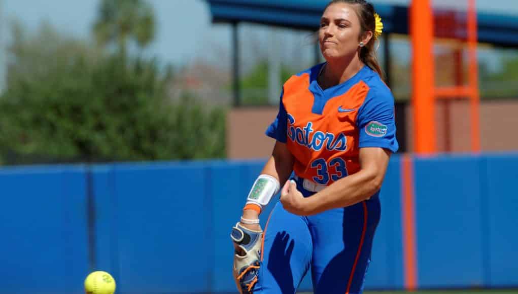 Florida Gators softball pitcher Delanie Gourley pitches in 2017- 1280x853