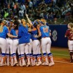 Florida Gators softball team huddles after a big win- 1280x852
