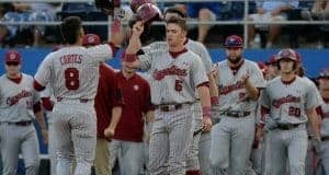 South Carolina left fielder Carlos Cortes celebrates a two-run home run in the first inning of a 4-2 win over the Florida Gators- Florida Gators baseball- 1280x852