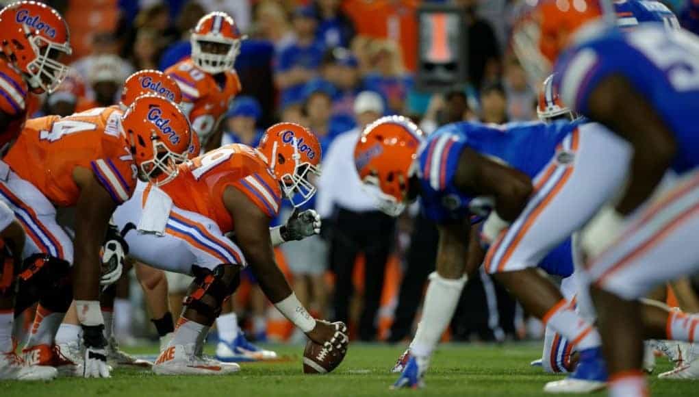 The Florida Gators firs team offense lines up against the second team defense during the 2017 Orange and Blue Debut- Florida Gators football- 1280x852